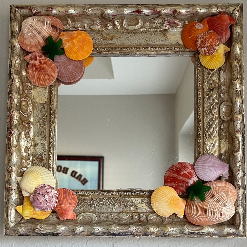 Antique Mirror Coastal Decor “The Stella “Shells Glass Starfish Handmade 12 x 12